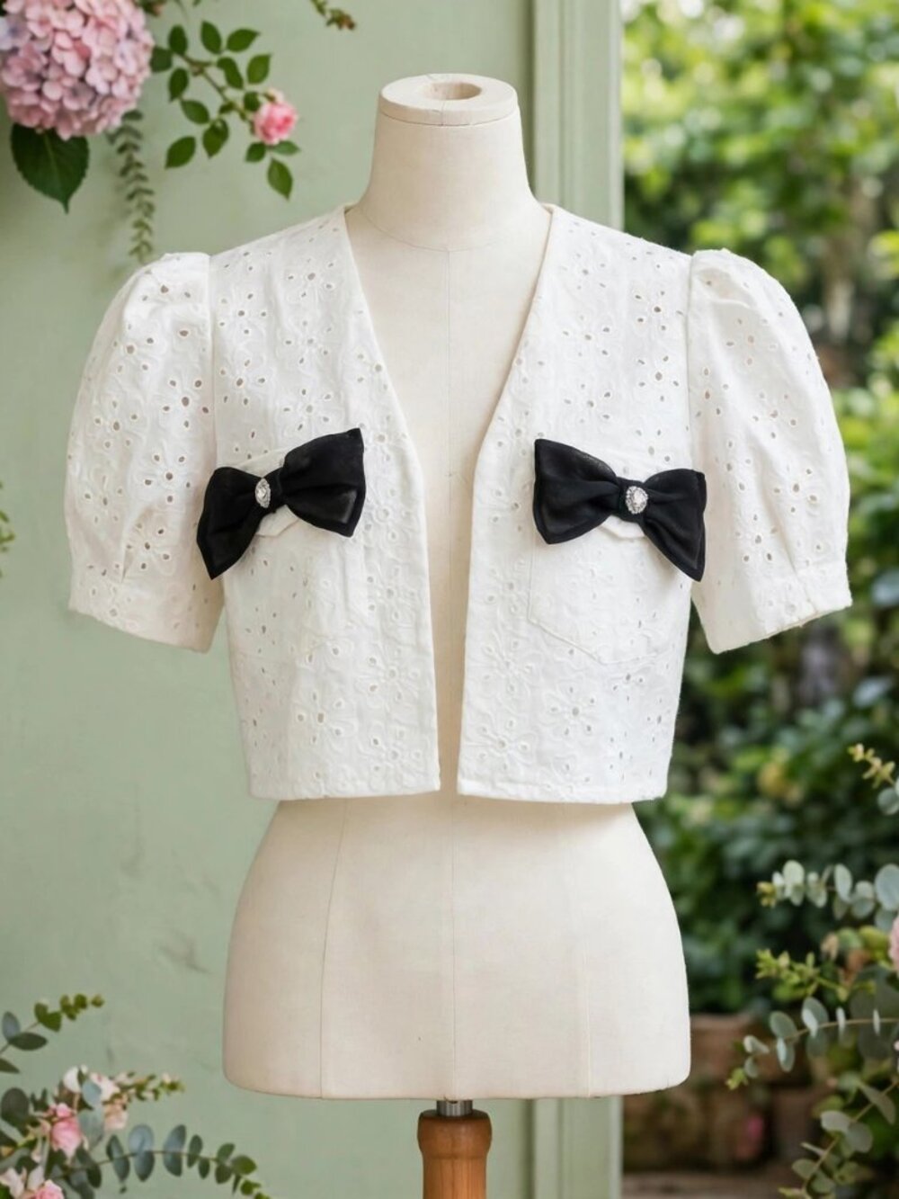 White Eyelet Bow Cropped Top Black Bow Applique Coquette Blouse